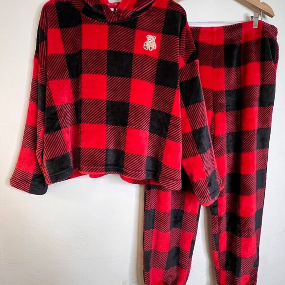 Joyspun Women's Plush Hoodie and Joggers Pajama Set 2-Piece XL Fleece Red/Black - Picture 1 of 16